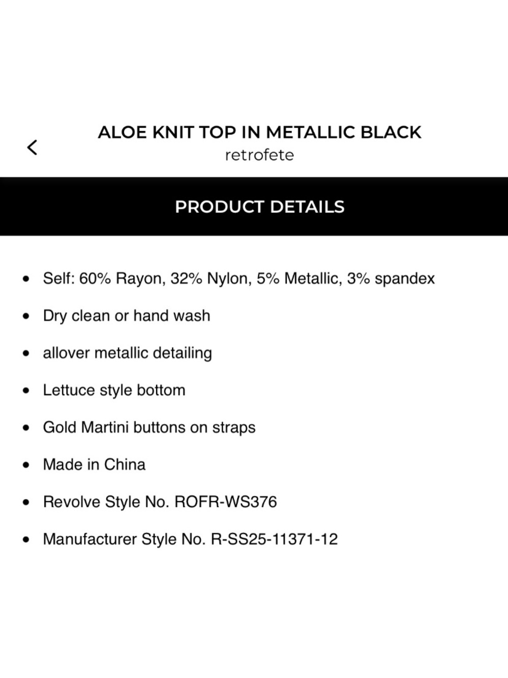 RETROFETE Aloe Knit Tank Top Crop Shirt Metallic Black XS - Picture 13 of 15